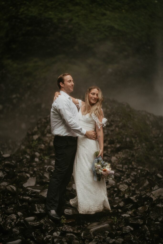 Bride and groom Latourell Falls elopement portraits