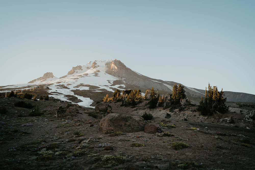 The majestic snow-covered Mt. Hood at the Timberline Lodge. 