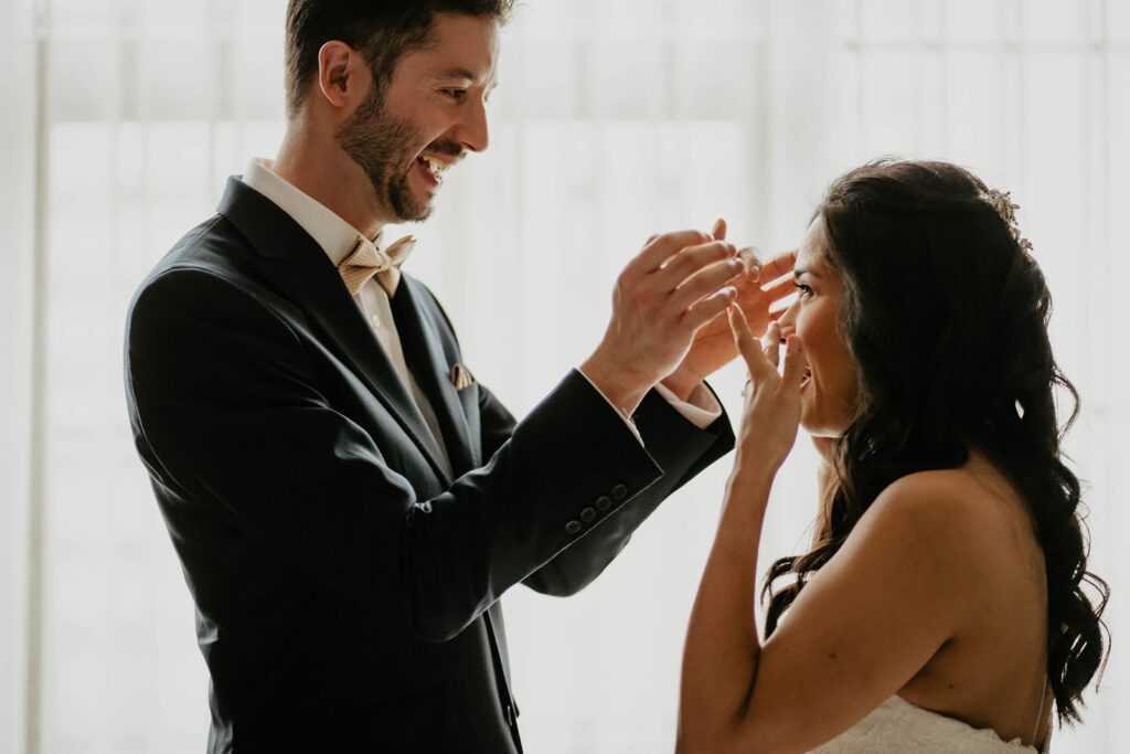 Bride gets emotional after wedding first look at Blockhouse PDX wedding