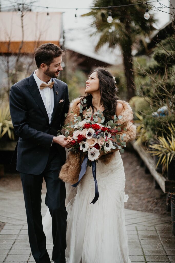 Bride and groom wedding photos at Pomarius Nursery