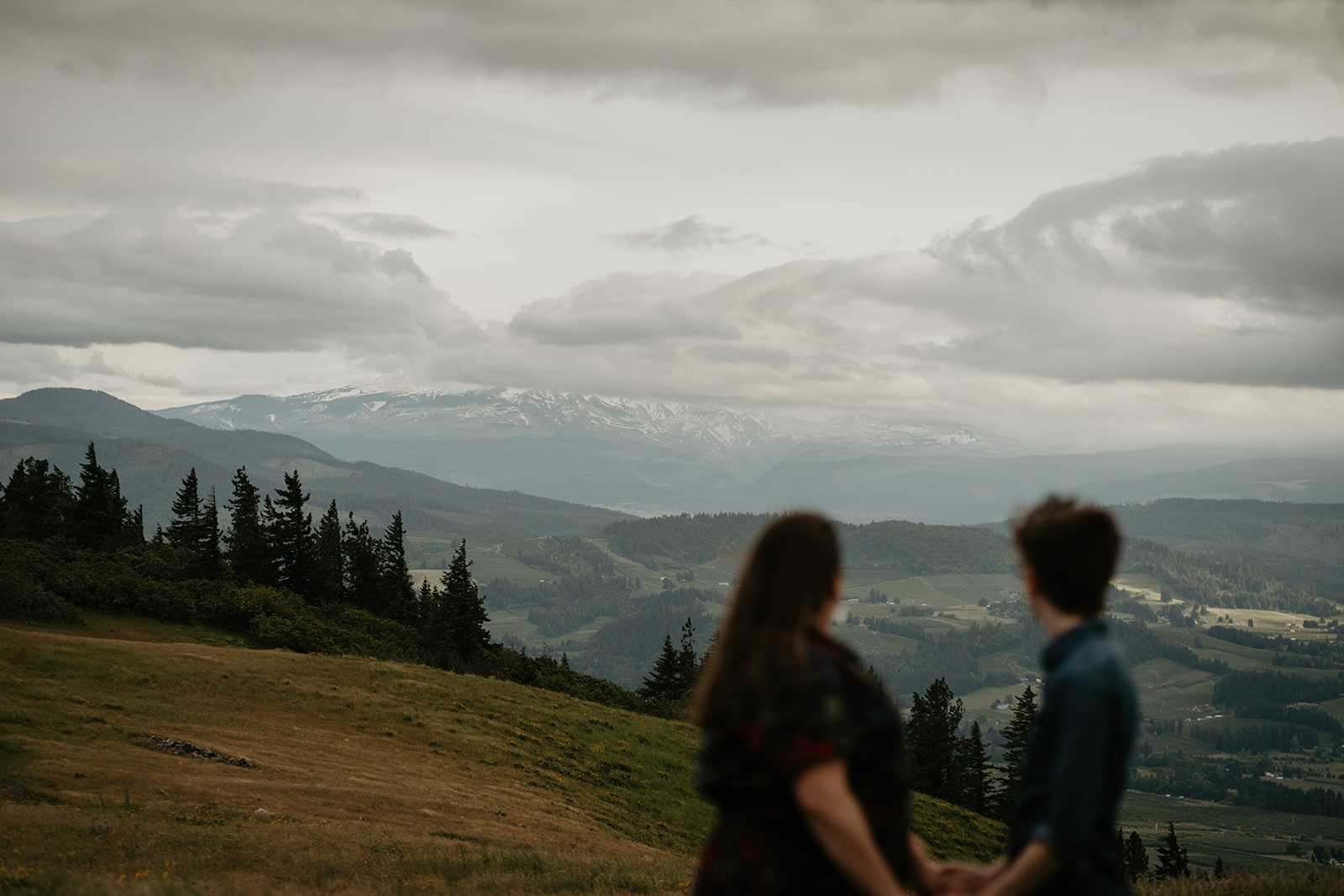 Same sex couple holds hands during their Oregon engagement photo session at Hood River Mountain