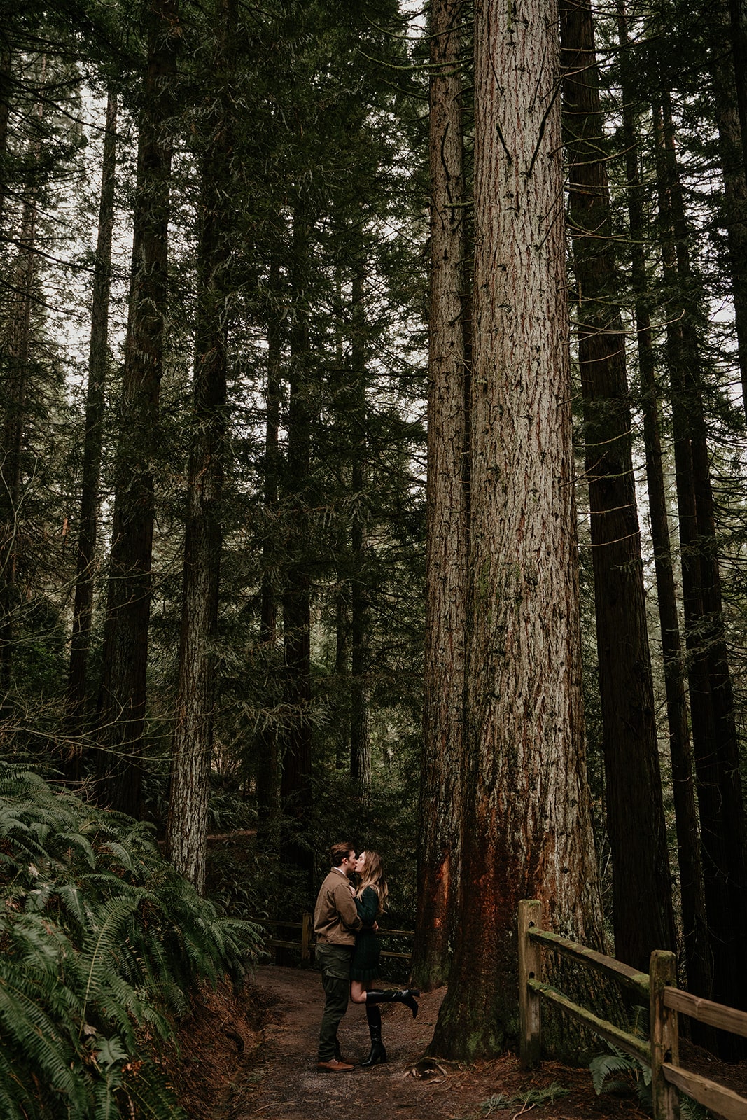 Couple kisses at a forest Oregon engagement photo location in Portland