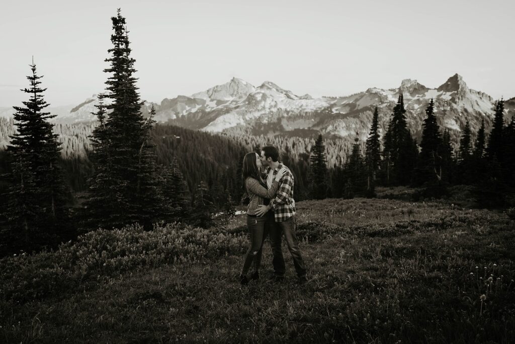 Couple kissing during sunset photos Paradise, at Mt Rainier