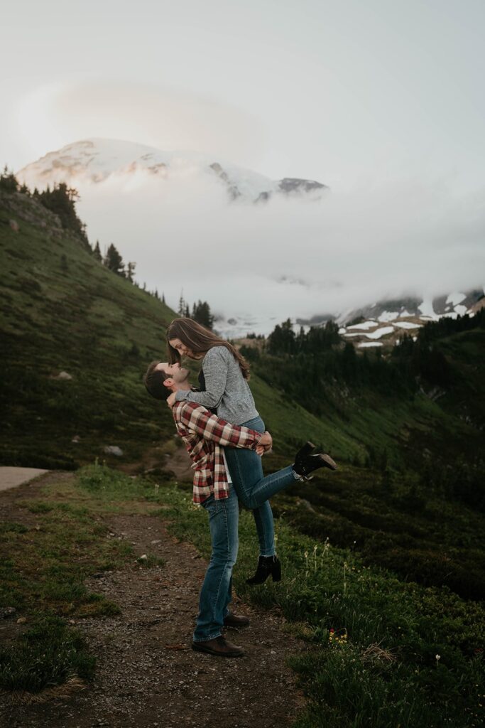 Sunset hiking engagement photos at Paradise, Mt Rainier