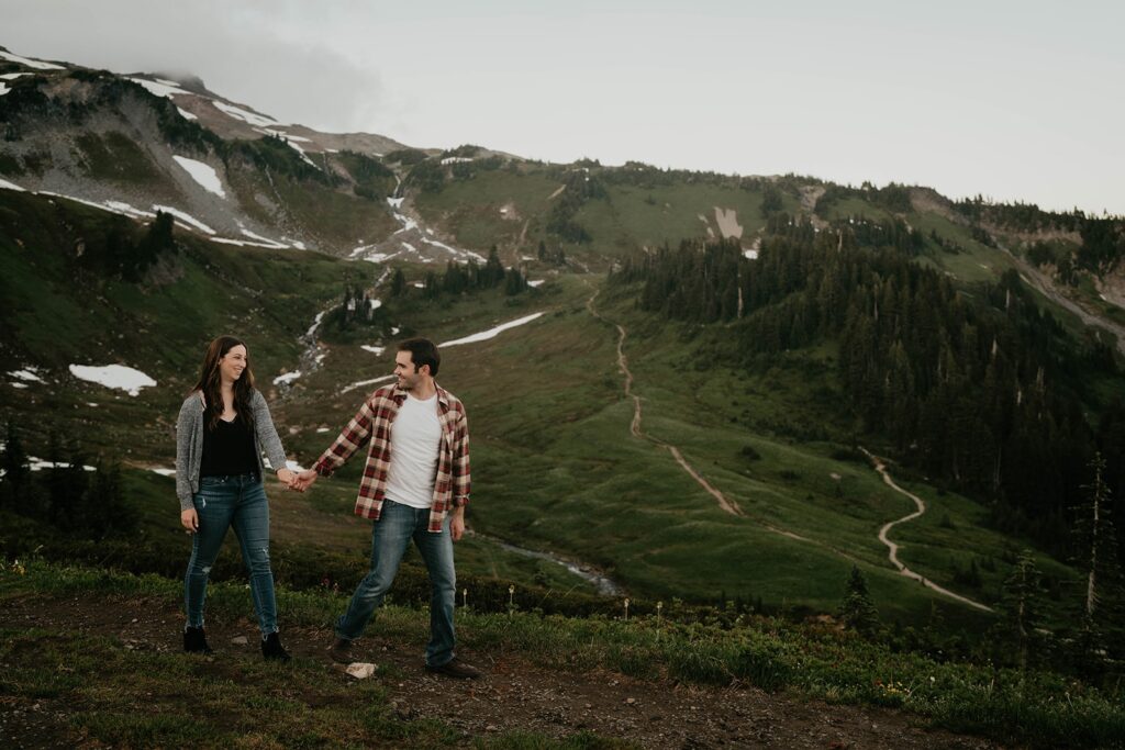 Sunset hiking engagement photos at Paradise, Mt Rainier