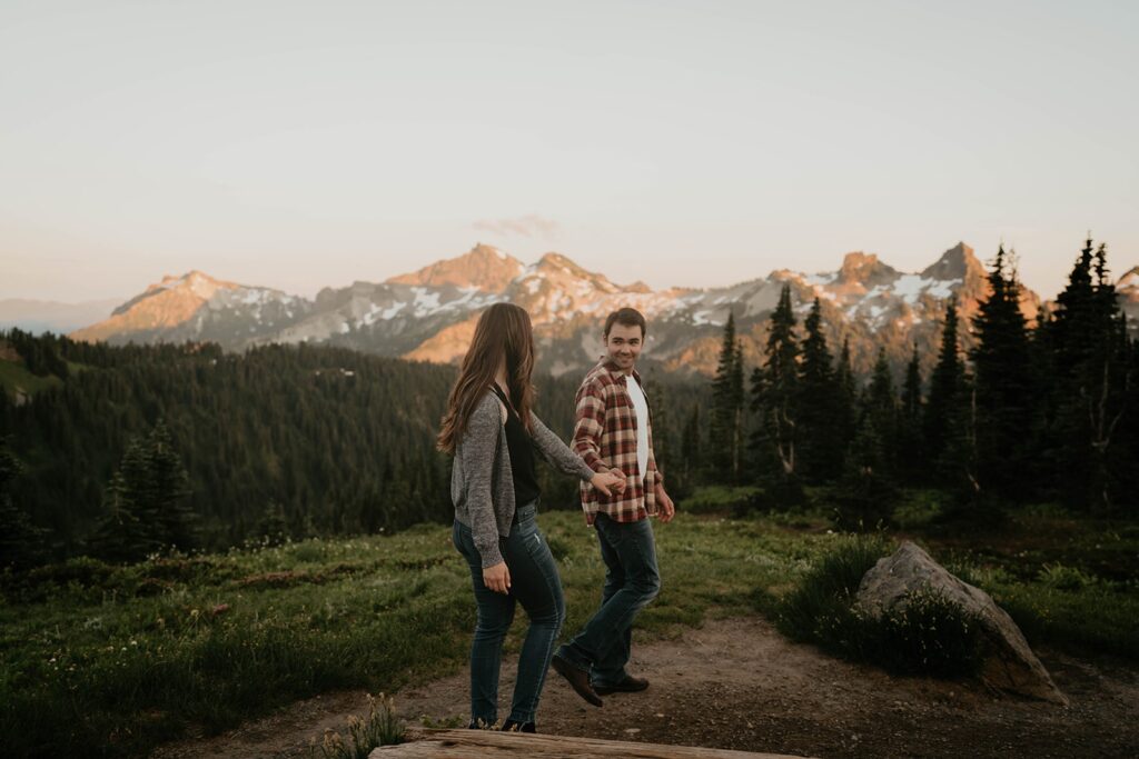 Sunset hiking engagement photos at Paradise, Mt Rainier