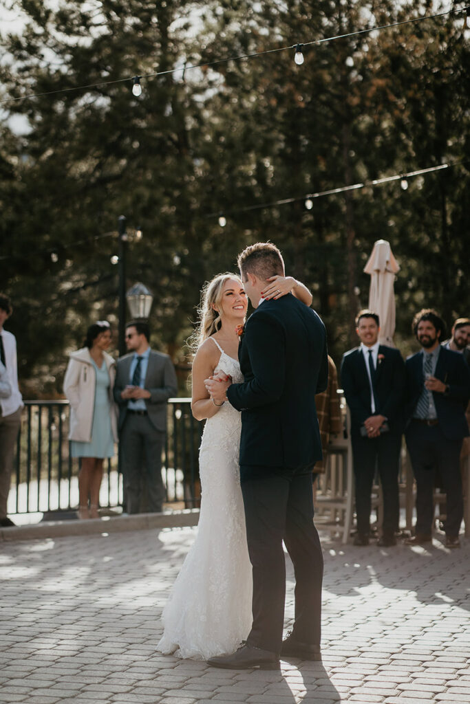 The bride and groom dancing their first dance. 