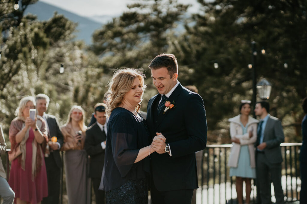 The mother-son dance during an Estes Park Wedding. 