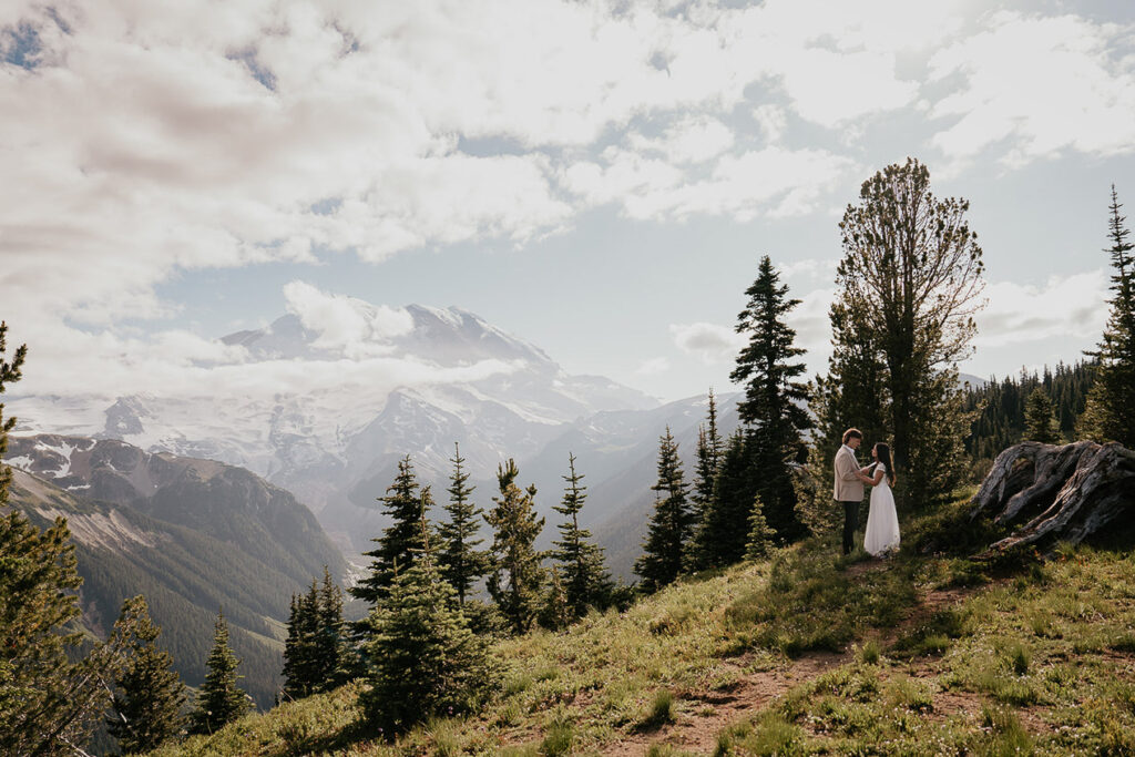 A wide shot of the couple and Mt Rainier in the background. 