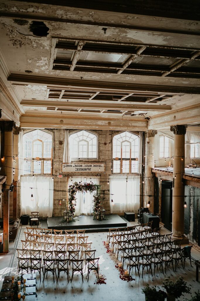 Wedding ceremony setup at The Ruins at the Astor wedding venue in Oregon