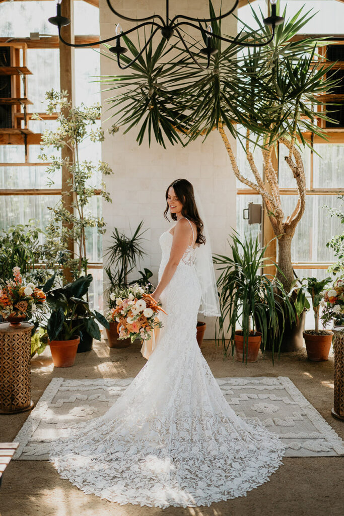 the bride posing inside Mt Hood Center. 