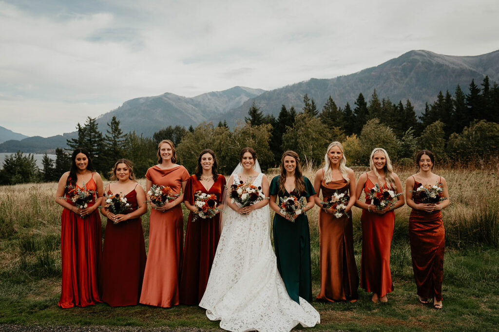 the bridesmaids with the bride in the middle.