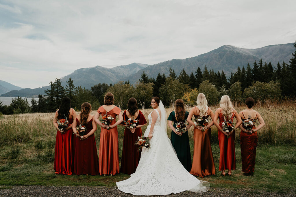 the bridesmaids with the bride in the middle.