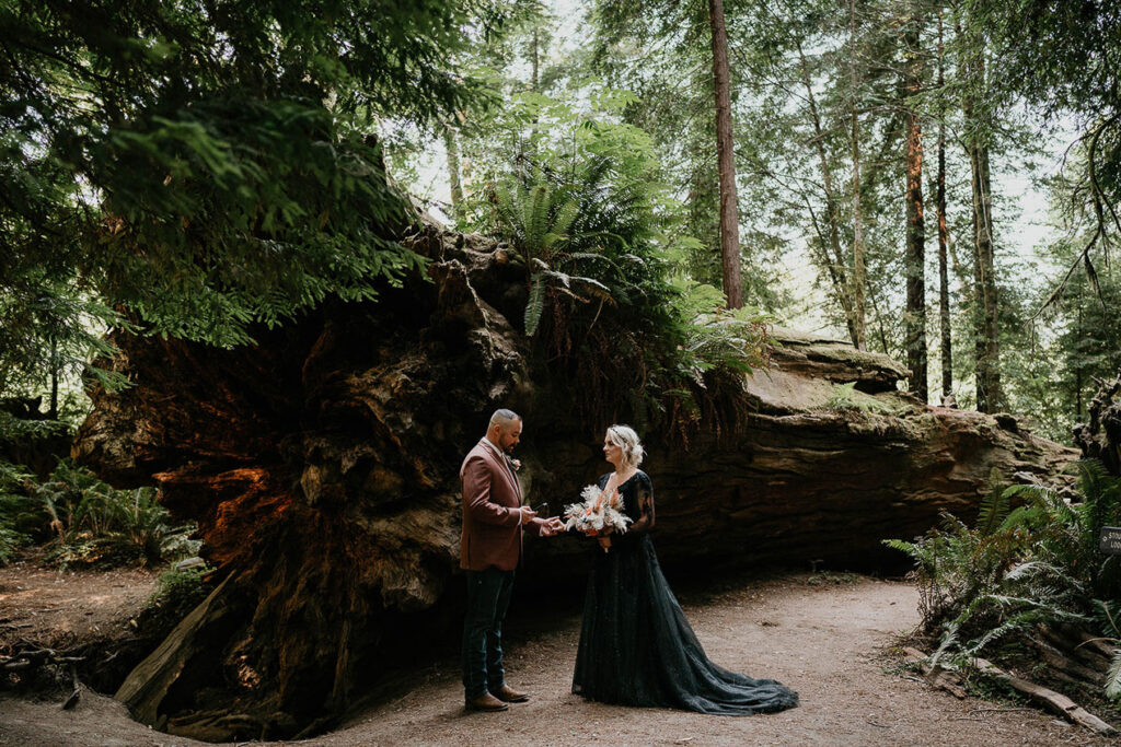 a couple holding flowers in front of a fallen tree trunk for their Redwoods elopement. 