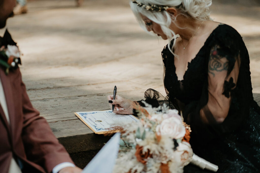 the wife signing her marriage papers. 