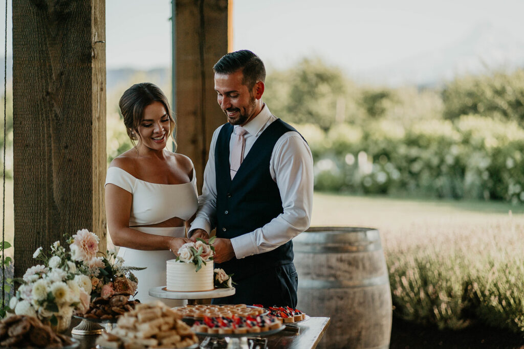 The bride and groom cutting the cake, 