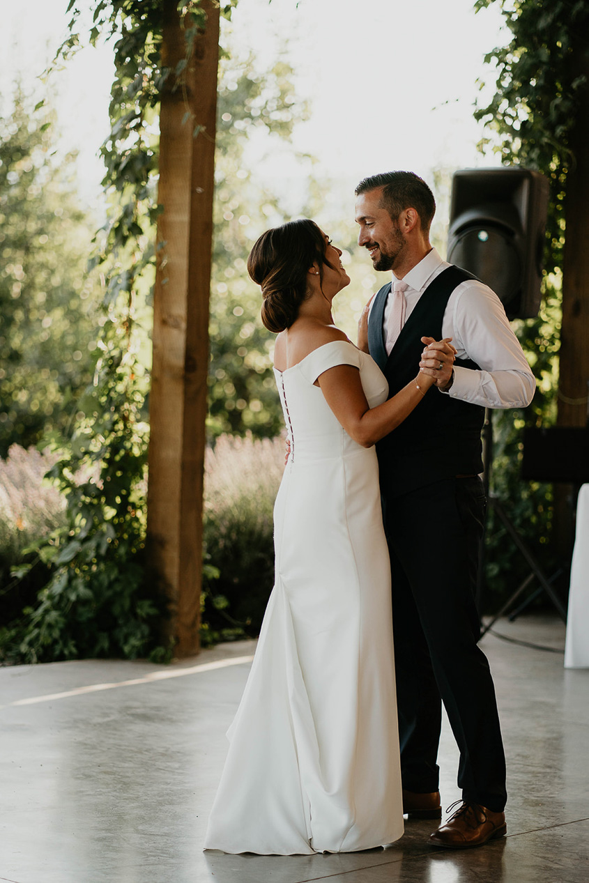 The bride and groom dancing during their first dance. 