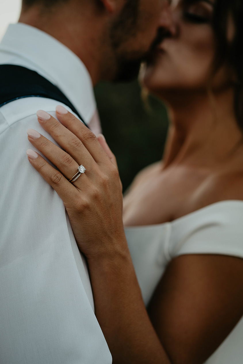 a close up of the bride's wedding ring. 