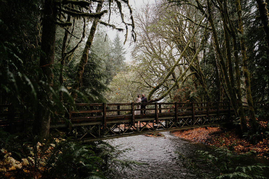 The bride and groom on a bridge overlooking a river in the forest.