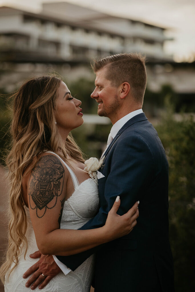 The bride and groom holding each other during the Mexico destination wedding. 