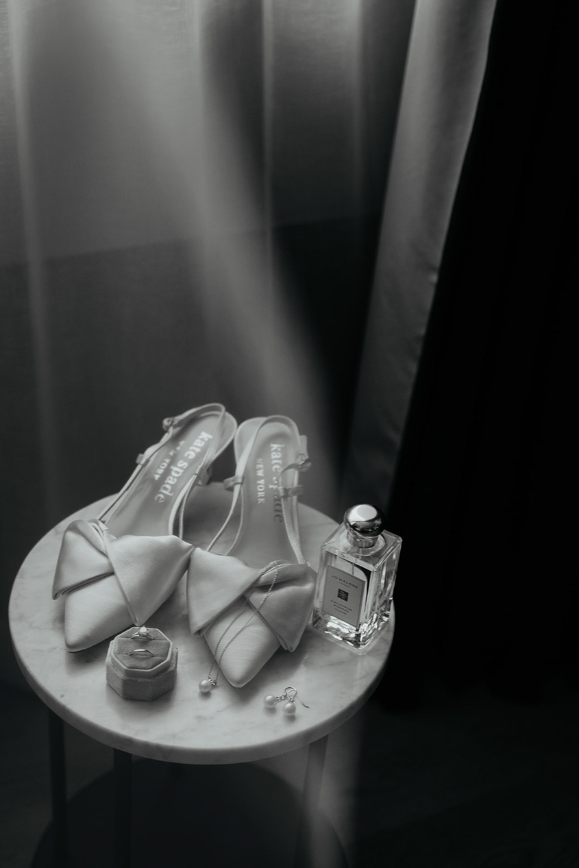 Shoes, fragrance, wedding rings, and earrings. 