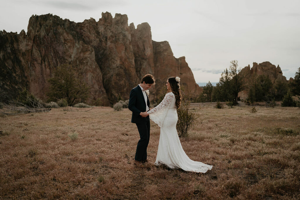 A couple dancing while they elope in Smith Rock.