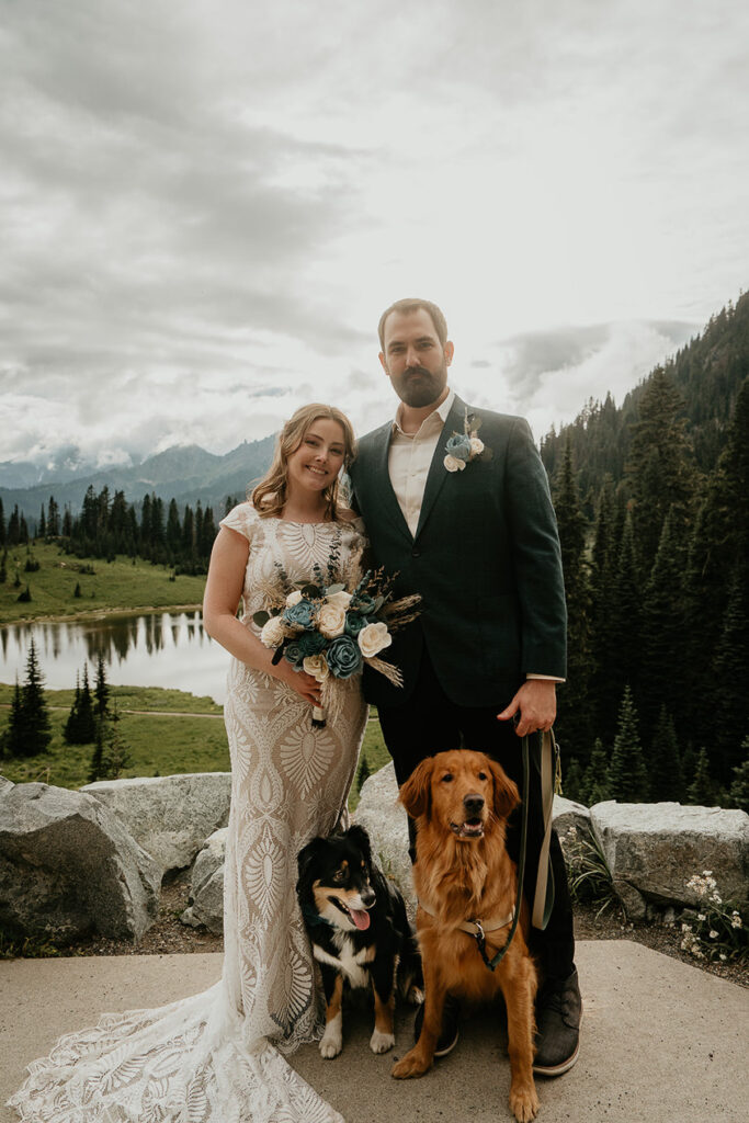 A couple with their dogs during the Mt Rainier elopement.