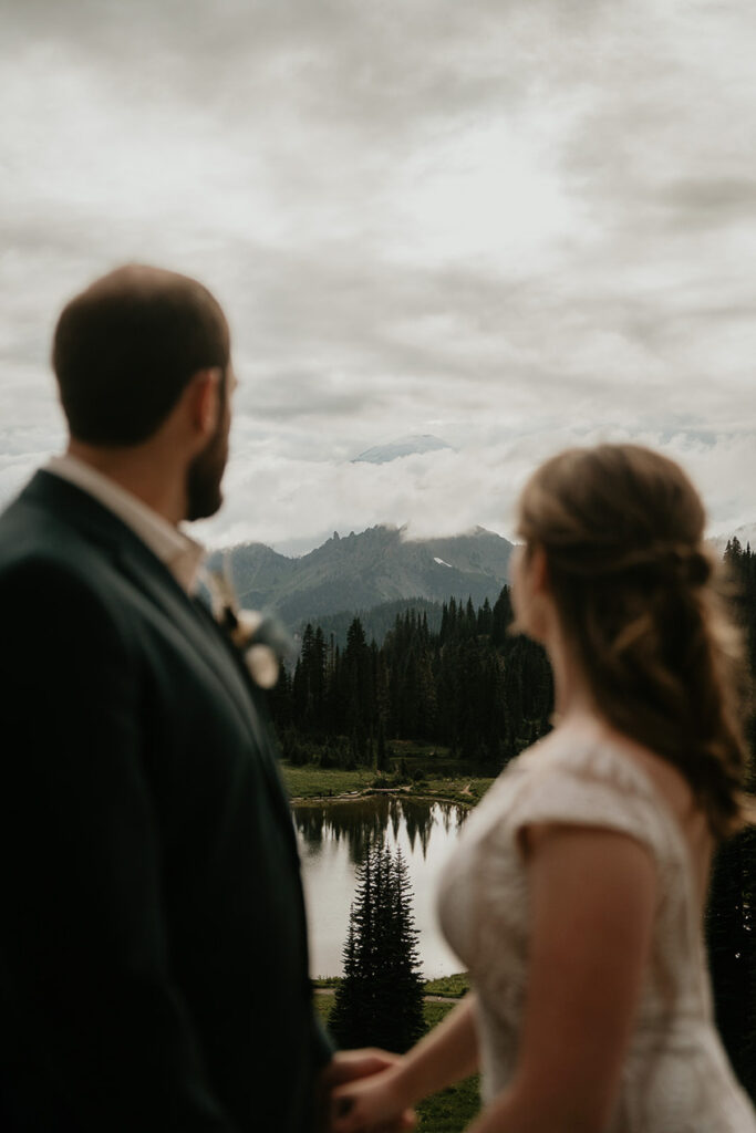 A couple looking out over a lake during their elopement. 