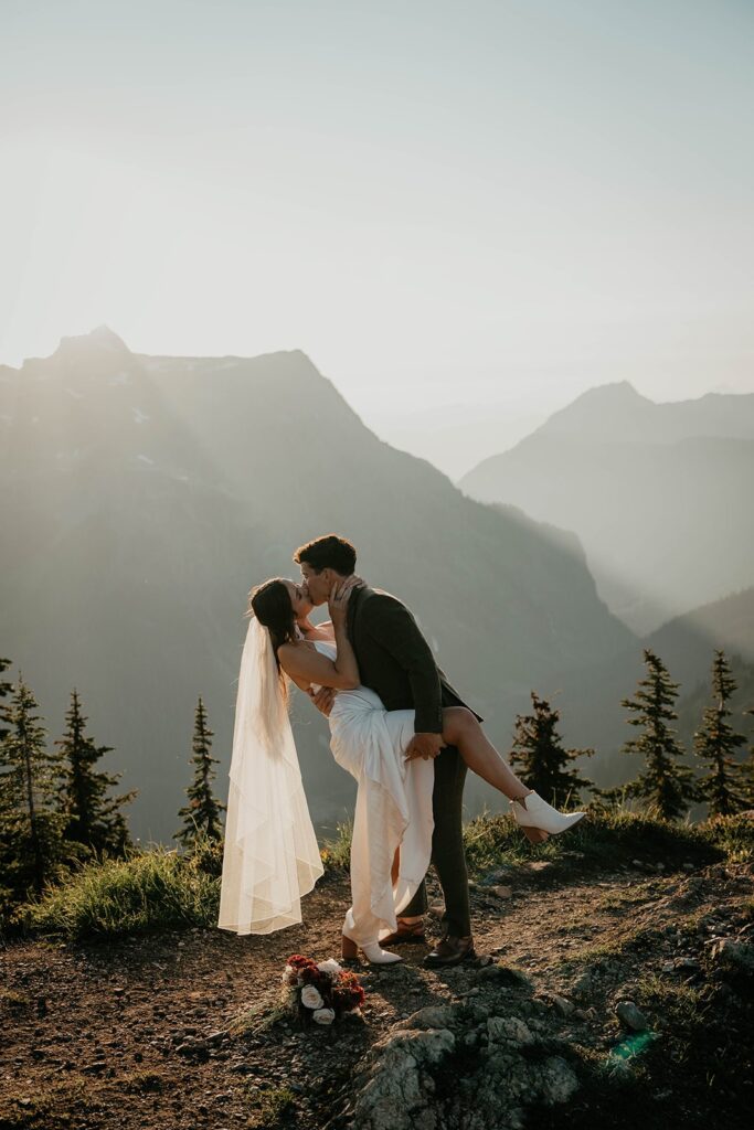 Bride and groom kiss during their elopement in the North Cascades