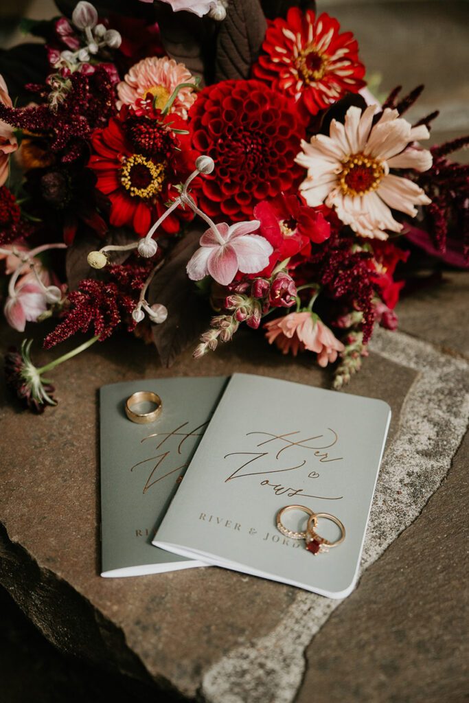 a flat lay of views, rings, and a bouquet of flowers.