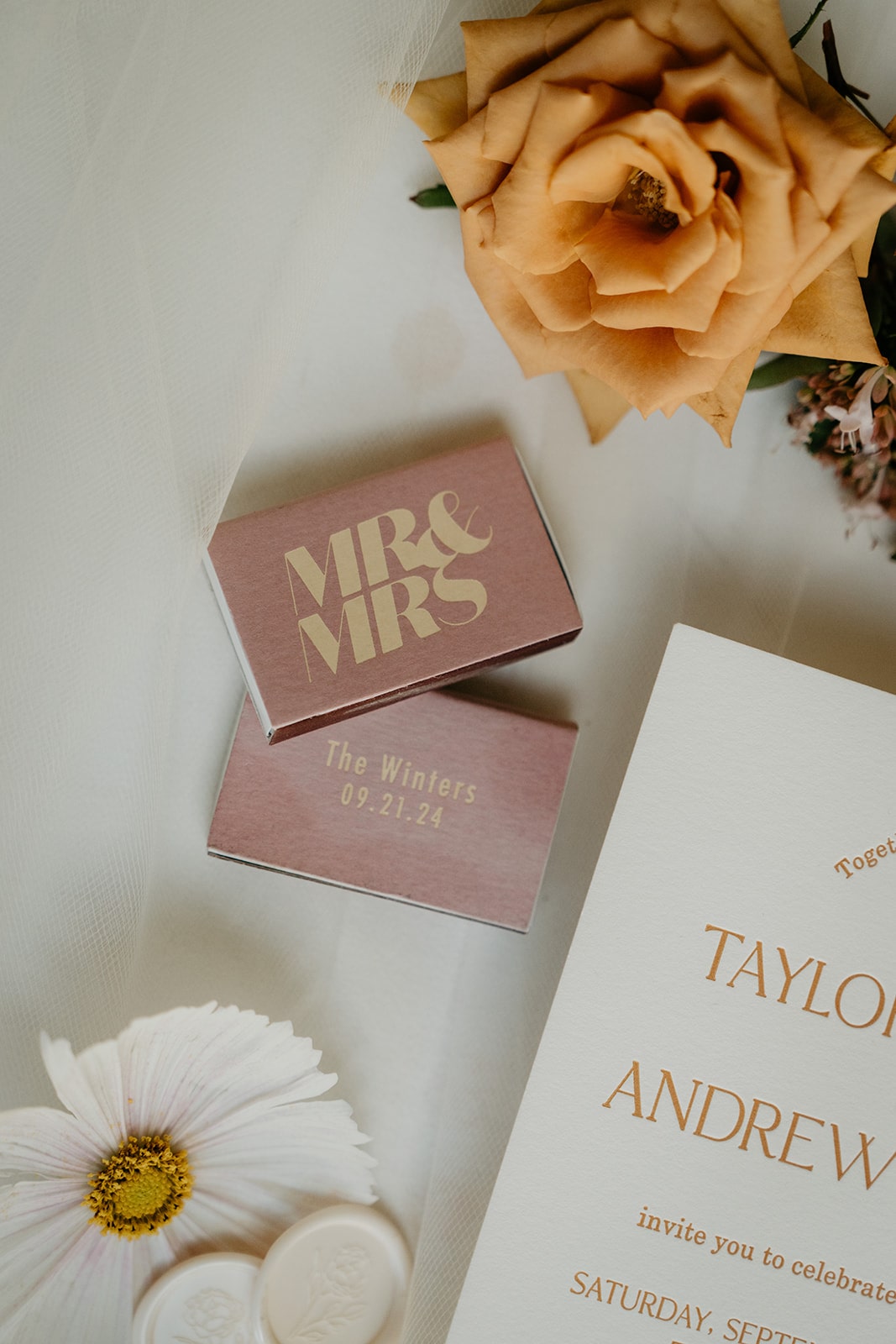 Rose and gold custom matchbox wedding favors