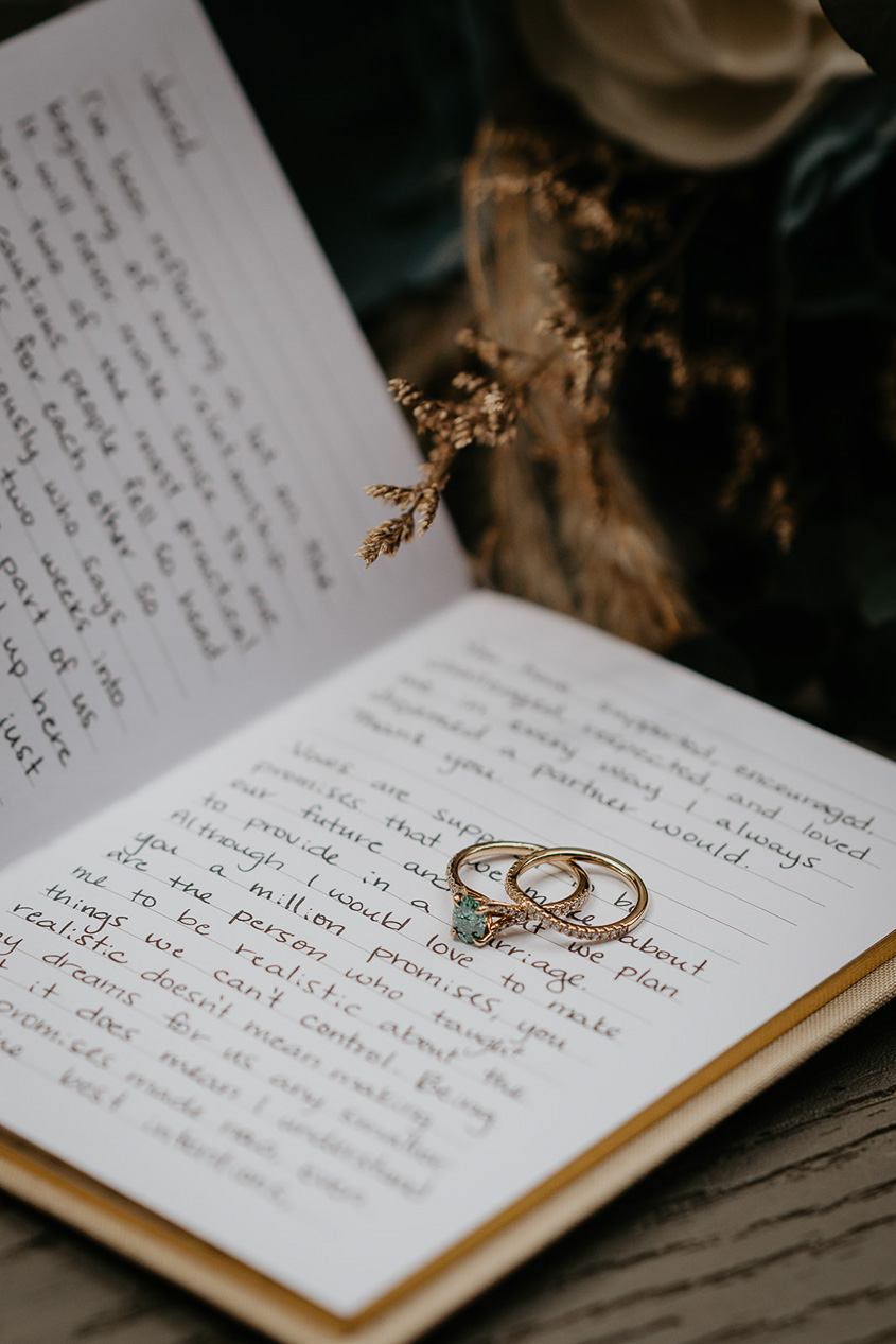 wedding rings and a hand written vow.