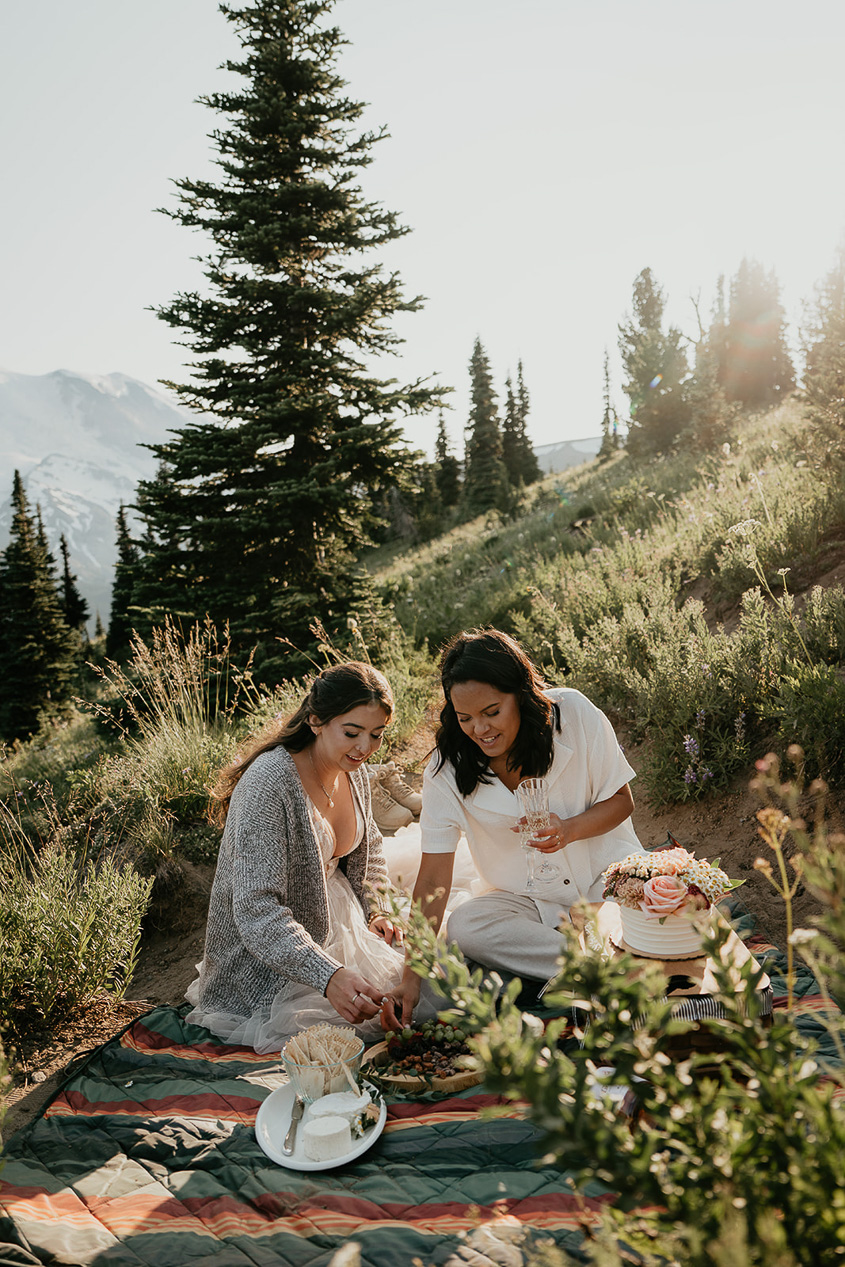 newlyweds enjoying a picnic during their wedding, sweetened by how much more inexpensive the cost for them to elope versus have a traditional wedding is.