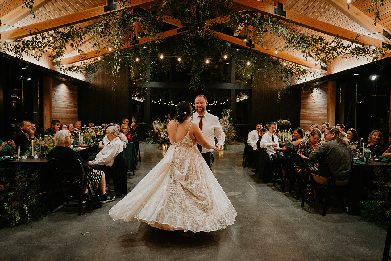 the newlyweds dancing during their wedding reception.