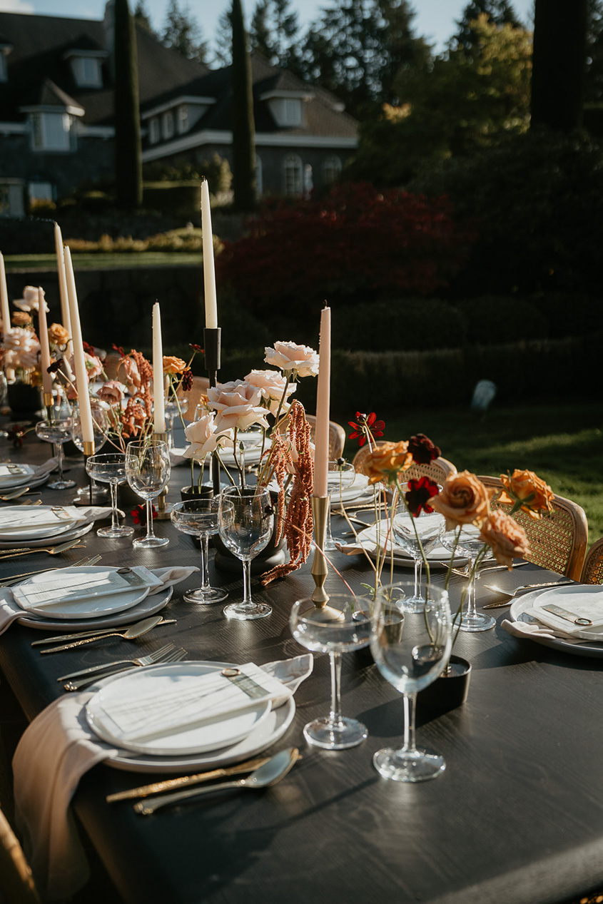 Flowers, candles, and table settings.