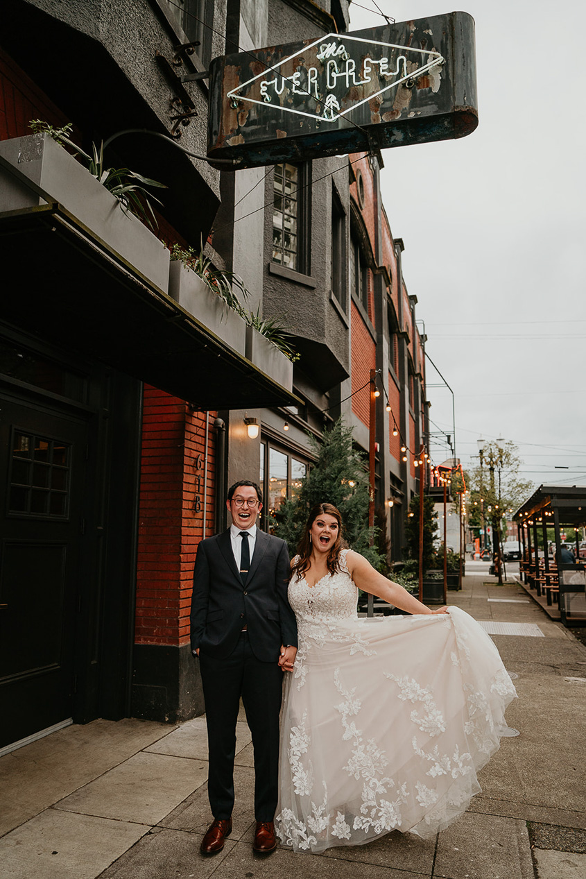 newlyweds outside The Evergreen.