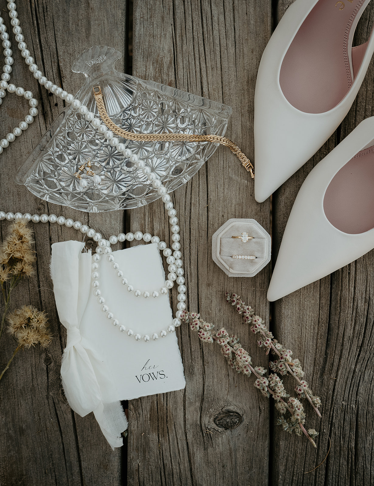 white heels, pearls, vows, and other wedding day details.