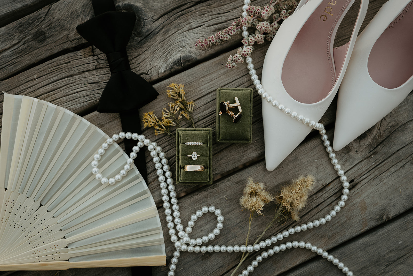 white heels, pearls, a fan, and other Alvord Desert, Oregon elopement details.