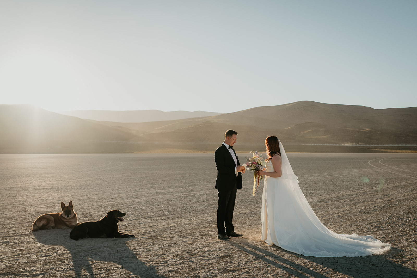 newlyweds sharing vows in the desert during their Alvord Desert, Oregon elopement.
