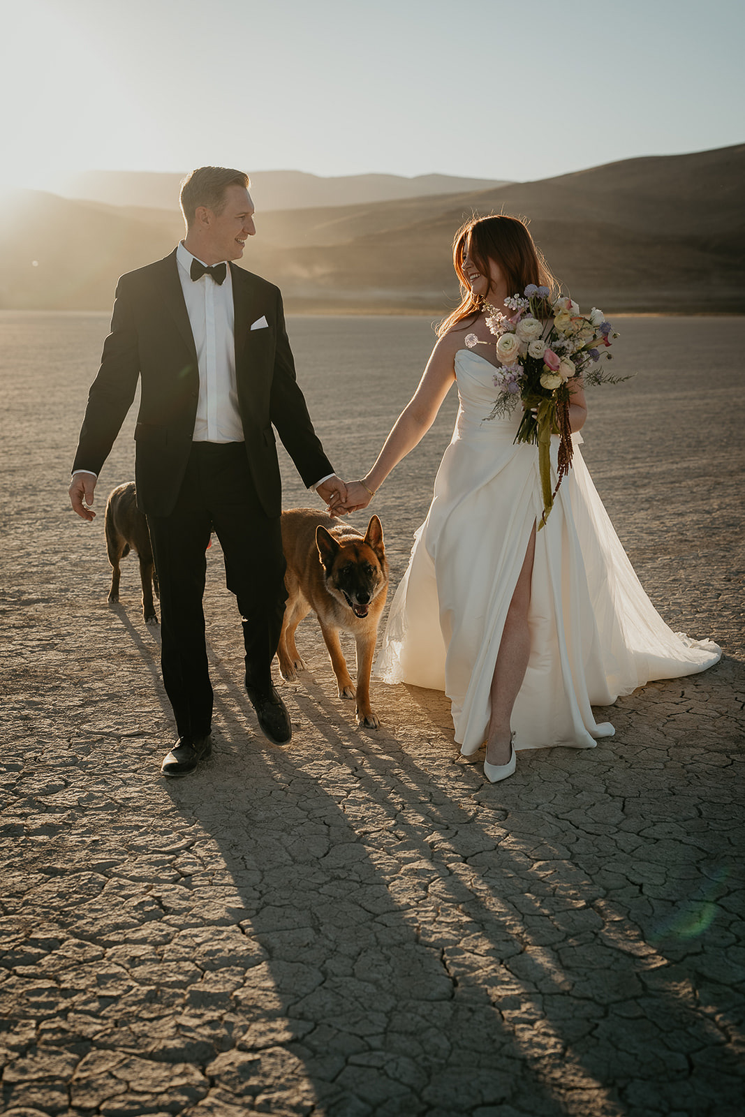 newlyweds holding hands and walking with their dogs on a playa during their Alvord Desert, Oregon elopement.