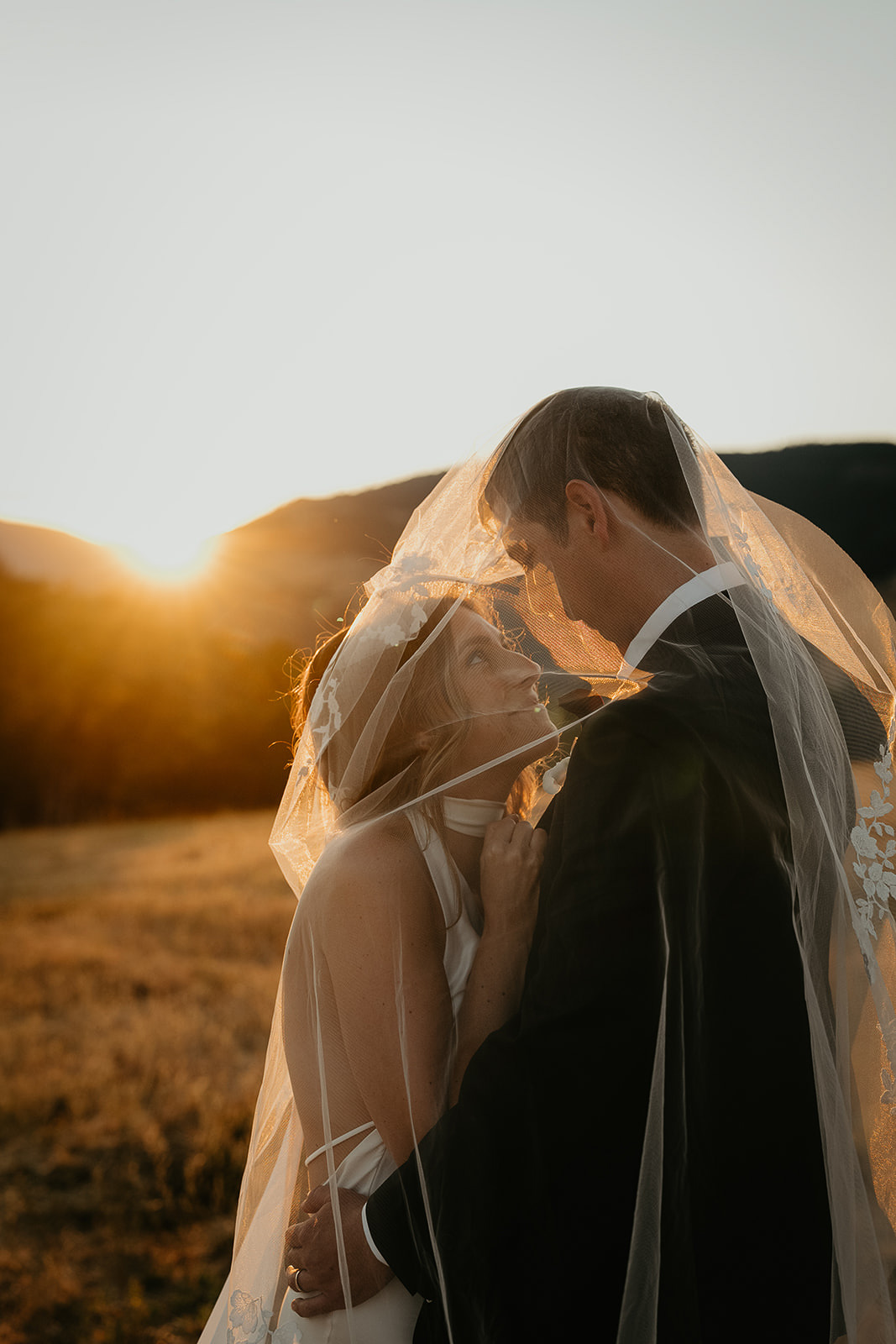 newlyweds kissing in a field at sunset.