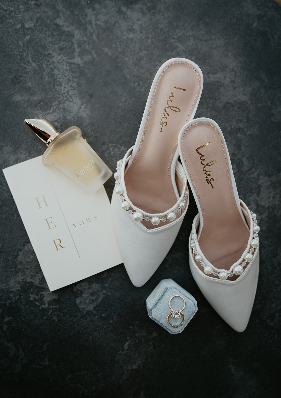 heels, a wedding, ring, vows, and perfume.