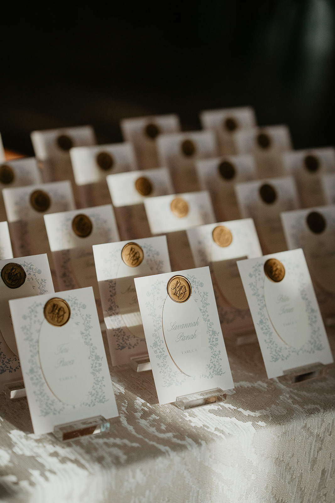 the table assignments all laid out of a table during a Brasada Ranch wedding.
