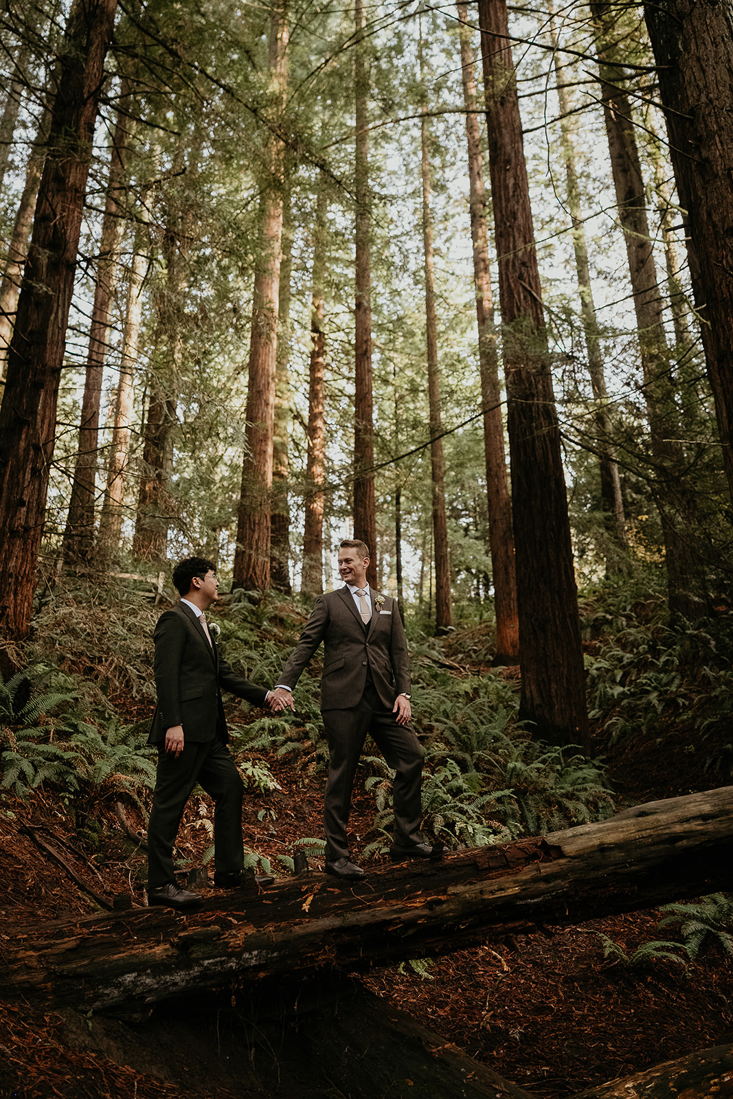newlyweds standing on a log in a forest during their forest elopement in Oregon.