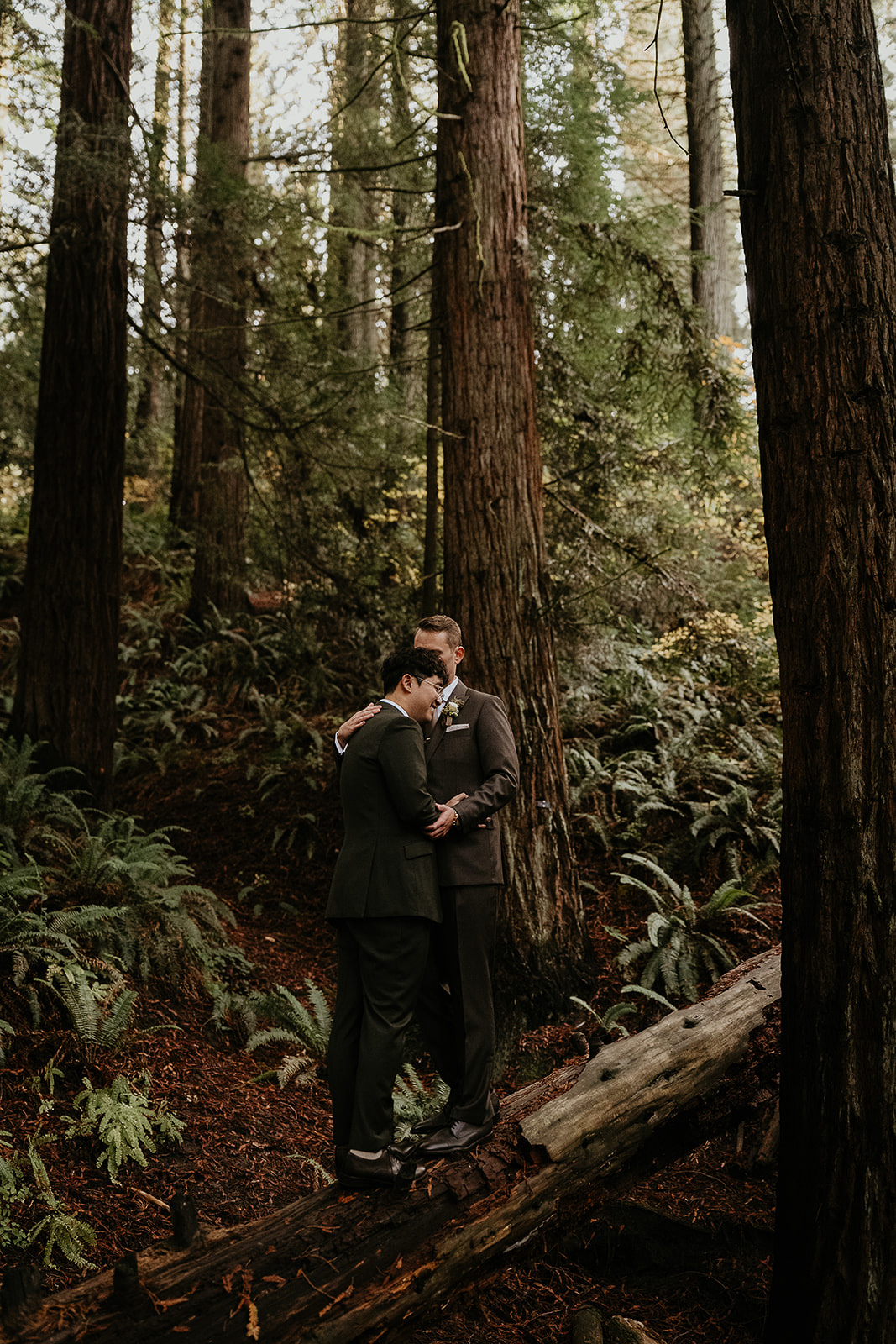 newlyweds hugging on a log during their forest elopement in Oregon.