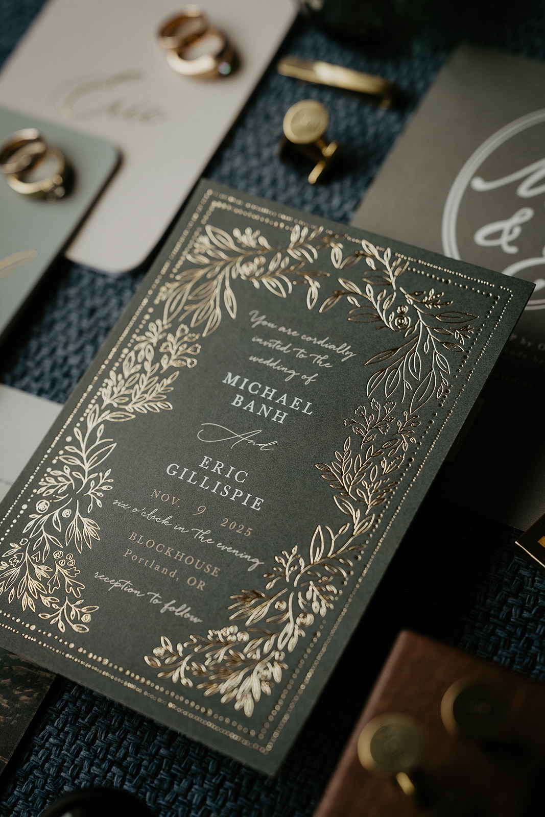 wedding invite and other details like rings and vows.