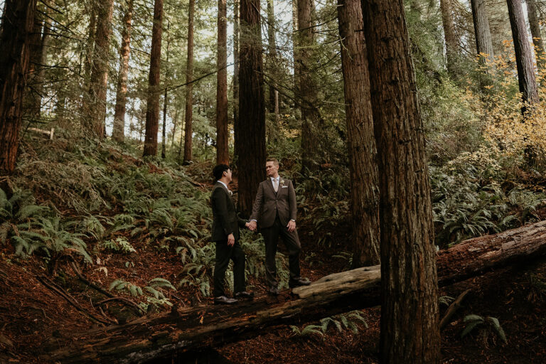newlyweds holding hands standing on a fallen log during their forest elopement in Oregon.