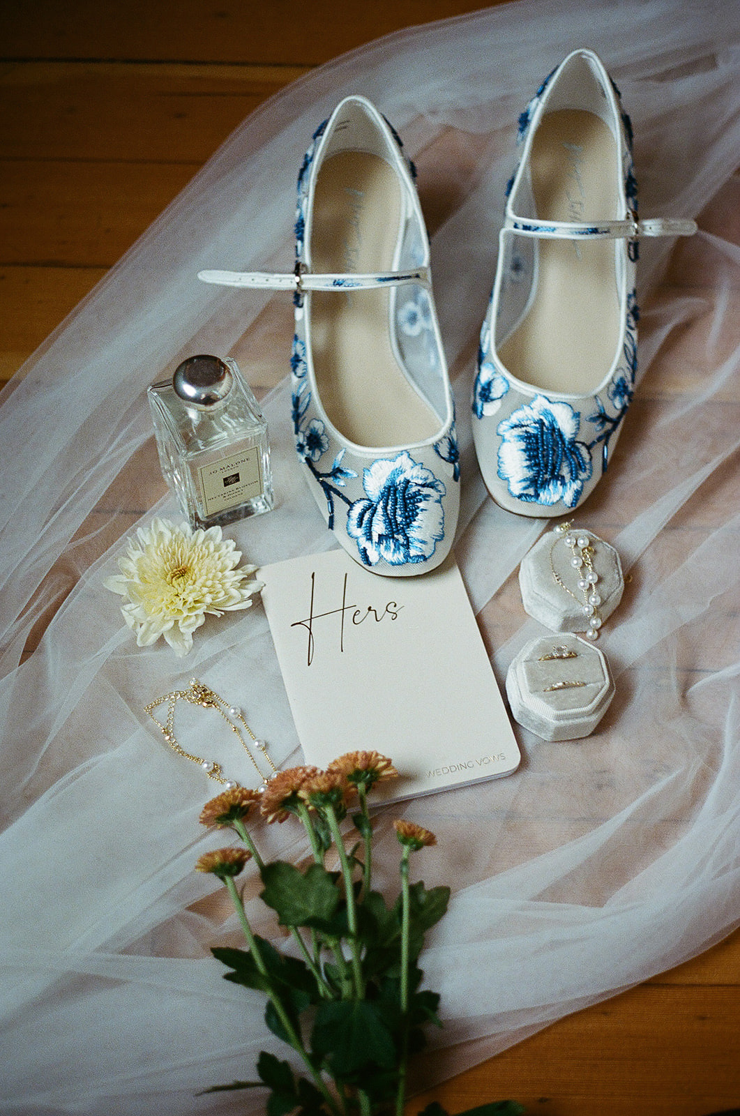 brides heels, vows, jewelry, perfume, and flowers.