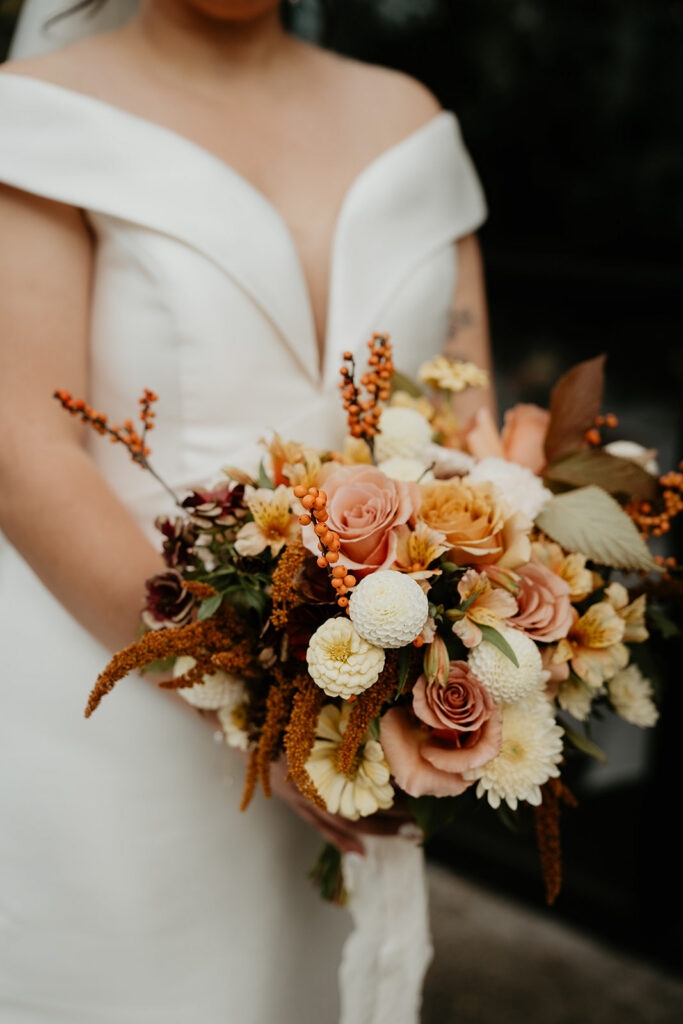 bride holding a bouquet of flowers.