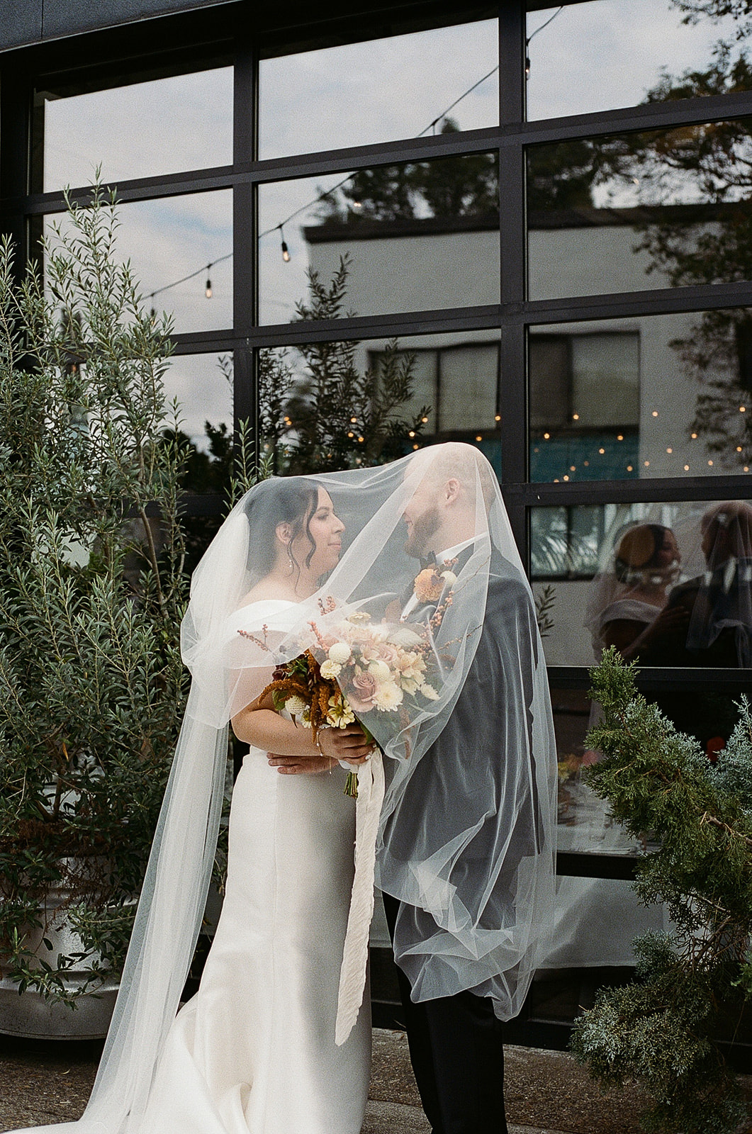 newlyweds admiring each other under the bride's veil.